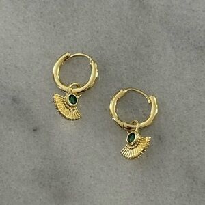 Gold Sun Burst Green Crystal Pendant Huggie Hoop Earrings 

Brand New